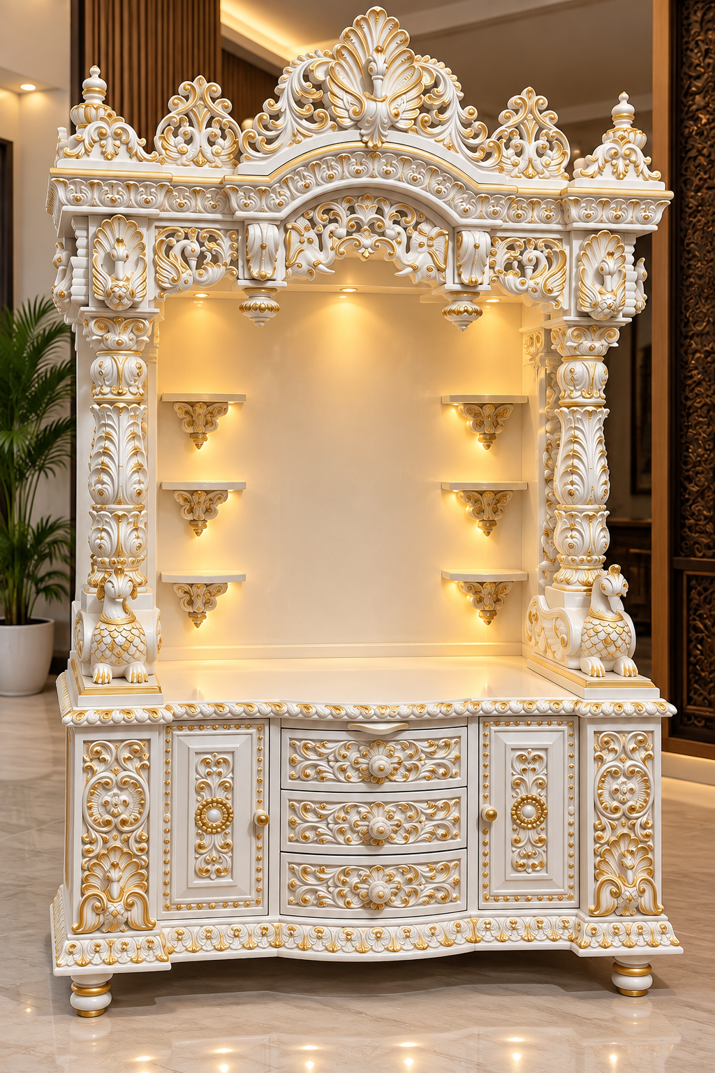 Premium White and Gold Carved Temple